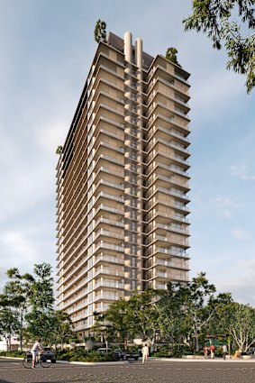 Architectural renderings of a proposed tower along King Arthur Terrace and Bedivere Street.