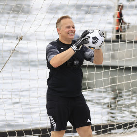Mark Bosnich pulled on the gloves on Monday, in the middle of Darling Harbour.