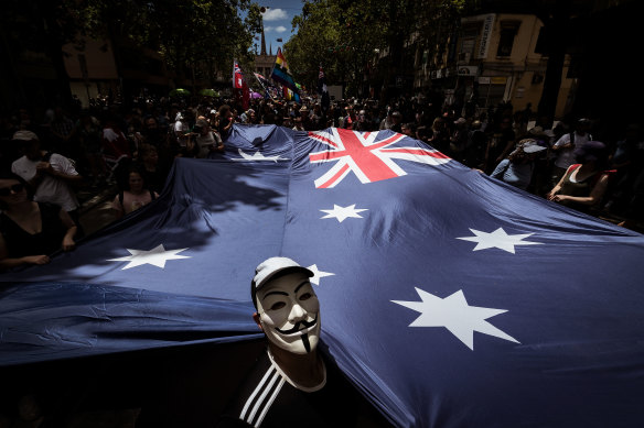 A rally in Melbourne’s CBD at the weekend. Far-right extremists have infiltrated vaccine mandate and pandemic law protests in the city.