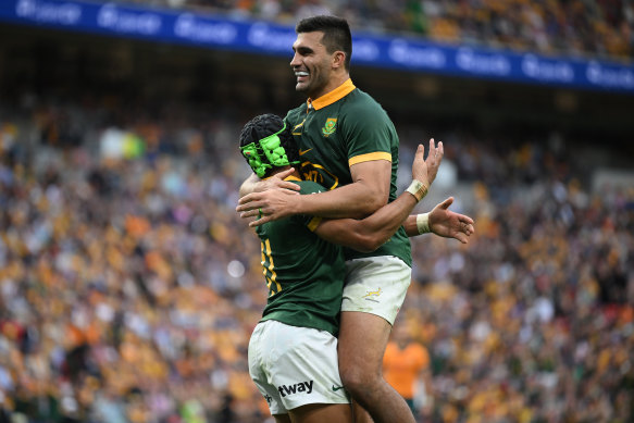 Kurt-Lee Arendse of the Springboks celebrates his try