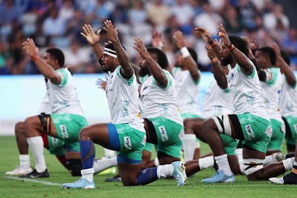 Drua players perform a Cibi before kick-off against the Waratahs in February.