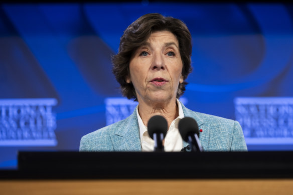 French Minister for Europe and Foreign Affairs Catherine Colonna during an address to the National Press Club of Australia in Canberra today.