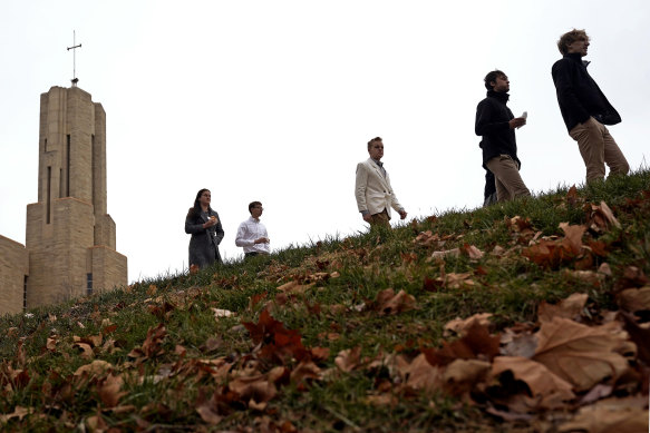 Students leave after attending a Catholic Mass at Benedictine College in Kansas.