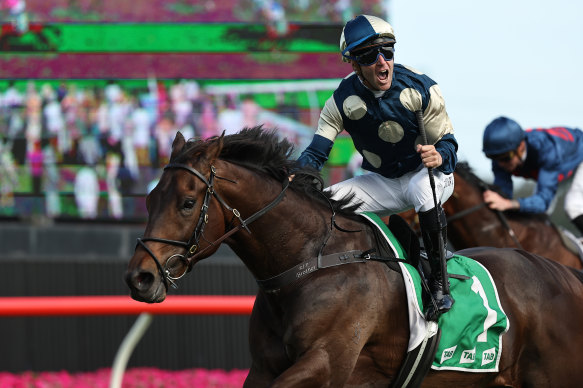 Tommy Berry riding Gringotts to victory in the $1 million The Gong last November.