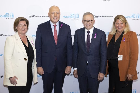 UN Women Australia Board President Georgina Williams, Opposition Leader Peter Dutton, Prime Minister Anthony Albanese and UN Women Australia CEO Simone Clarke pose for photos at the start of the UN Women Australia parliamentary breakfast at Parliament House in Canberra on Wednesday 8 February 2023. 