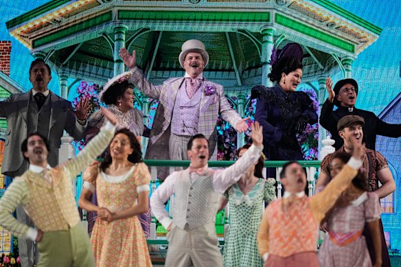 Ann Harada, from second left, Brad Oscar, Ana Gasteyer, Maulik Pancholy and the cast of Schmigadoon! perform during the Tonys on Sunday (New York time).