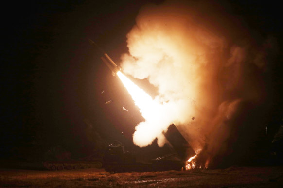  An Army Tactical Missile System (ATACMS) weapon is fired during a joint training between the United States and South Korea, on October 05, 2022 at an undisclosed location.