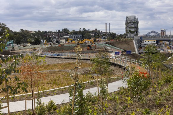 The 10-hectare Rozelle Parklands is taking shape next to exhaust stacks for the underground WestConnex motorway.