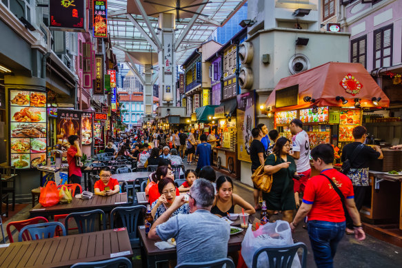 Hawker stalls in Singapore’s buzzing Chinatown Food Street.