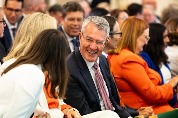 Mark Dreyfus has been axed from the ministry in a factional power play, but shared a light moment with colleagues in today’s caucus meeting.