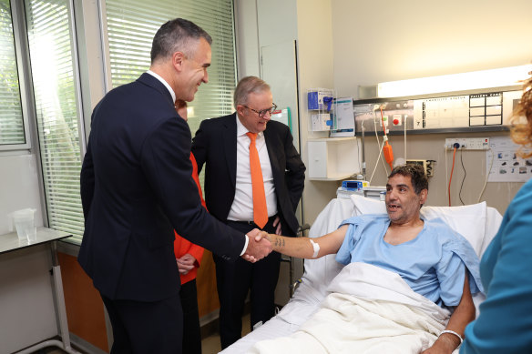 South Australian Premier Peter Malinauskas and the PM meet a patient at the Flinders Medical Centre.