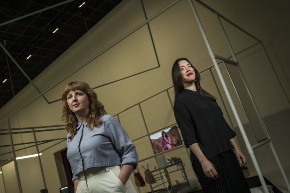 ACCA curators Shelley McSpedden and Miriam Kelly in front of Surrogate, a work by Lauren Lee McCarthy  at ACCA. 