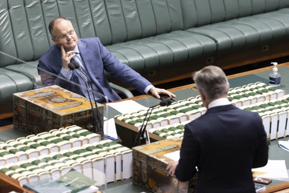 Opposition energy spokesman Ted O’Brien listening to Climate Change and Energy Minister Chris Bowen.