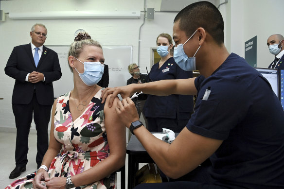 Scott Morrison watched a simulation of the vaccination process at RPA in Sydney on Friday.