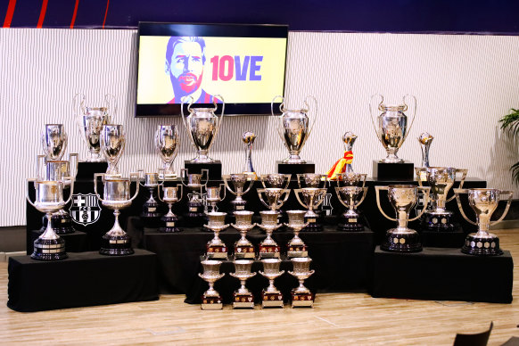 The trophies won by Barcelona during Messi’s time at the club were all on display at Sunday’s press conference.
