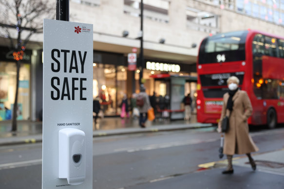 A hand sanitising station on Oxford Street in London.