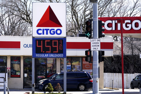 Petrol prices seen at a service station in Rolling Meadows, Illinois.