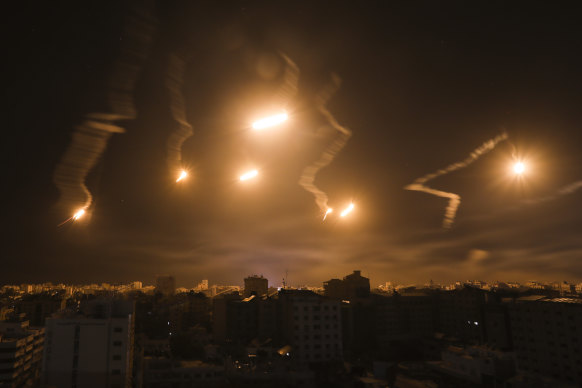 Israeli flares light up the night sky in Gaza City this week.
