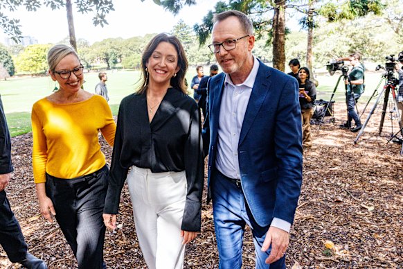 Outgoing Greens leader Larissa Waters (left) with the new leadership team of Steph Hodgins-May and David Shoebridge on Wednesday.