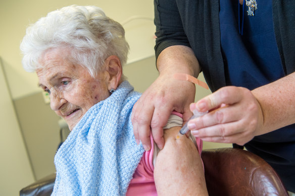 Valda Petersen is given her vaccine by registered nurse Denise Touzel at the Westcare Medical Centre this week.