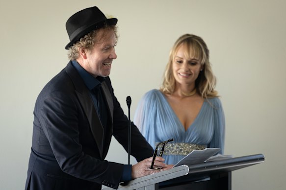 Blanche d’Alpuget’s son Louis Pratt speaks to the crowd at North Bondi Surf Club.