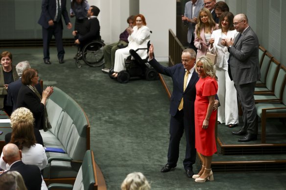 Bill Shorten embraced his wife, Chloe, to whom he paid tribute in his valedictory speech. 