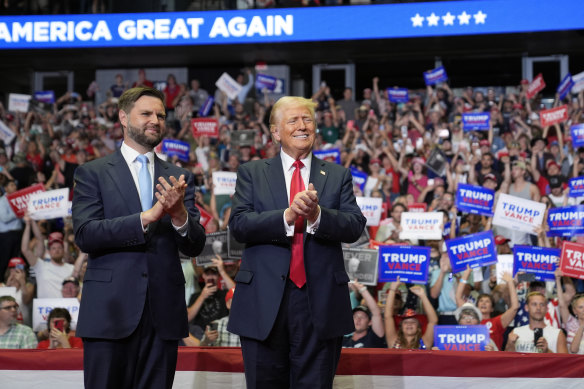 Donald Trump and his running mate J.D. Vance at a campaign rally in Grand Rapids, Michigan.