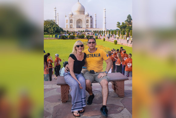 Andrea Holden with her late partner Rob Karkut at the Taj Mahal in 2018.