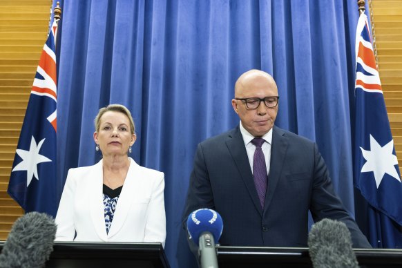 Opposition Leader Peter Dutton and deputy Sussan Ley announce the Liberal Party’s opposition to the Voice.