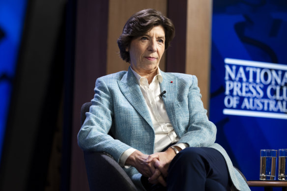 French Minister for Europe and Foreign Affairs Catherine Colonna before her address to the National Press Club in Canberra on Monday. 