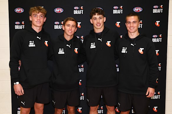 Gayfer (second from right), with (from left) Mason McGroder, Lachie Hicks and Albert Macgowan at the draft combine.
