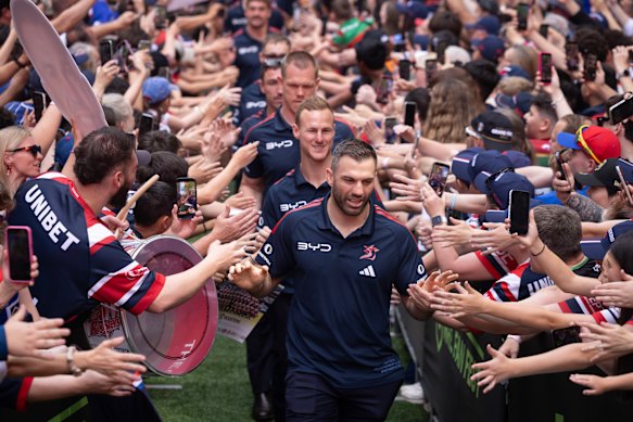James Tedesco leads the Roosters out at Thursday’s Fan Fest in Martin Place.