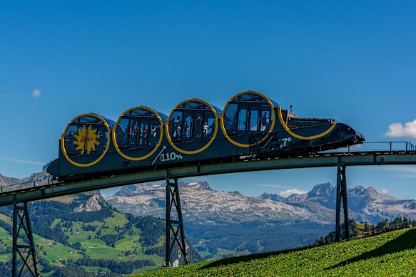 The Schwyz-Stoos funicular’s barrel-like carriages rotate, thereby keeping passengers upright during its steep ascent.