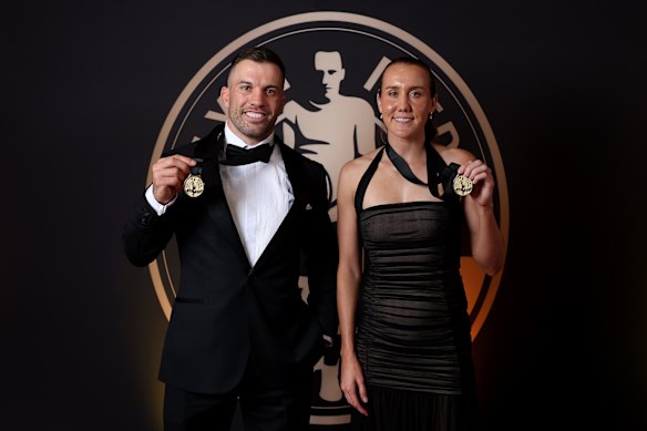 James Tedesco and Tamika Upton after winning the NRL and NRLW Dally M medals in 2025.