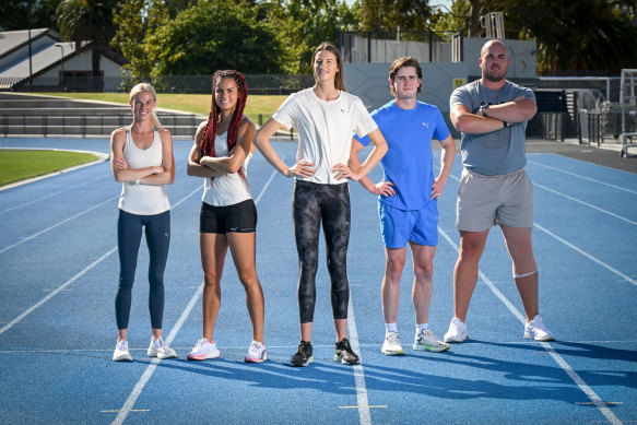 Abbey Caldwell, Torrie Lewis, Nicola Olyslagers, Browning and Matthew Denny ahead of the Maurie Plant Meet.