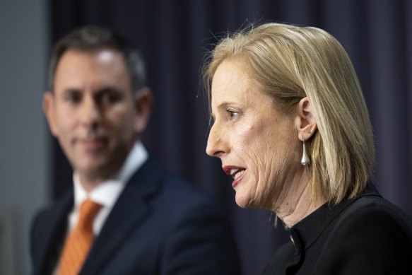 Finance Minister Katy Gallagher, right, addressing the media with federal Treasurer Jim Chalmers earlier this week. 