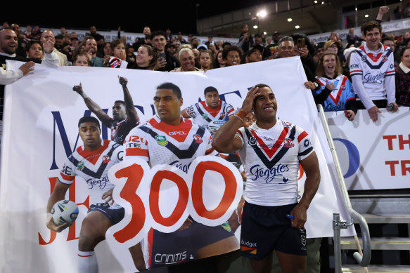 Michael Jennings in front of a banner celebrating his 300th NRL game at McDonald Jones Stadium.