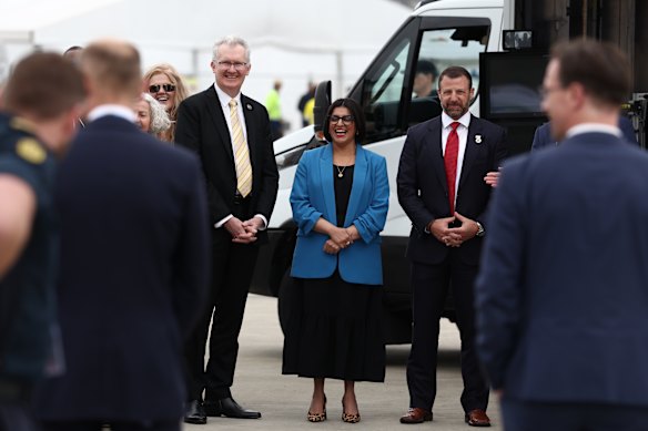 Home Affairs Minister Tony Burke,  British Home Secretary Shabana Mahmood and US Homeland Security Secretary  Markwayne Mullin at Garden Island in Sydney this year.
