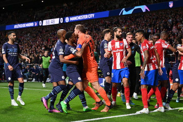 Tempers flared in the other semi-final between Manchester City at Atletico Madrid.
