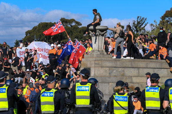 Protesters at the Shrine of Remembrance on Wednesday.