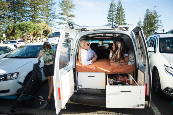 Hannah Foulkes  and Hannah Bindon from New Zealand have been in Australia for one week loving van life, even if it’s cramped.