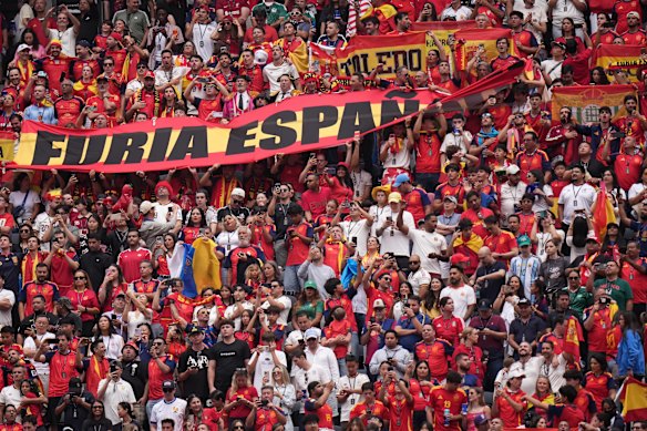 Fans stand during the national anthem of Spain at Los Angeles Stadium. 