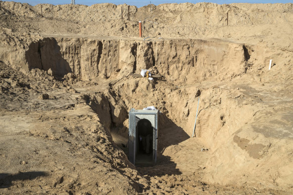 An opening of a tunnel is visible on the Israeli side of the border with Gaza.