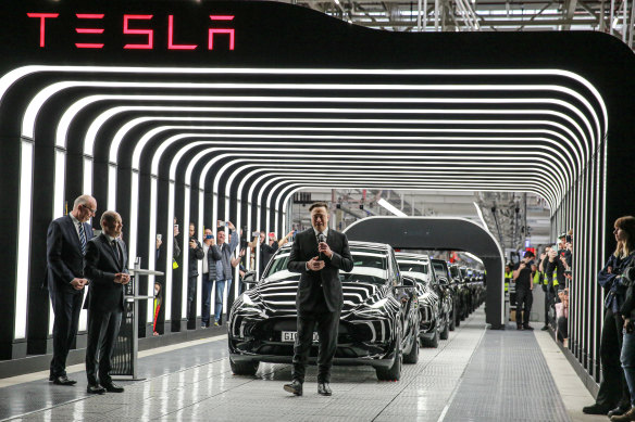 Tesla CEO Elon Musk speaks during the official opening of the new Tesla electric car manufacturing plant near Gruenheide, Germany, last year. 

About 70 per cent of the lithium for Tesla’s batteries comes from Australia and its chair says the country has untapped potential to develop an EV industry.  