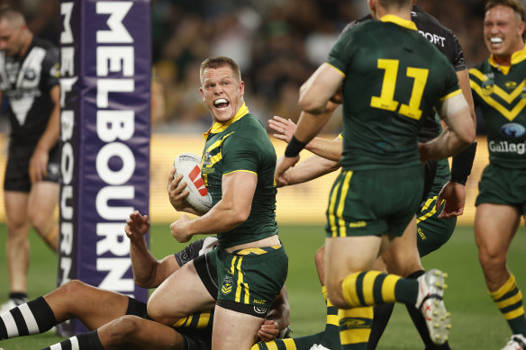 Lindsay Collins celebrates one of his two tries at AAMI Park.