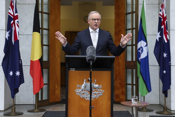 Prime Minister Anthony Albanese during a press conference after visiting Government House to call for an election.