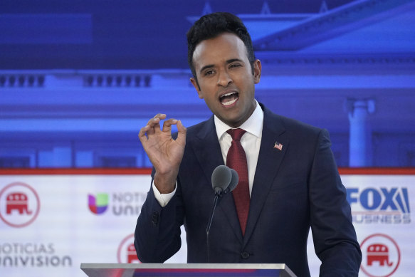 Vivek Ramaswamy speaks during a Republican presidential primary.