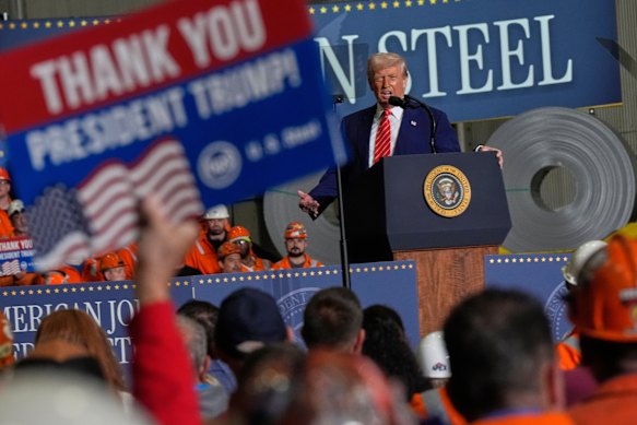 US President Donald Trump speaks at US Steel Corporation’s Mon Valley Works-Irvin plant on Friday in Pennsylvania.