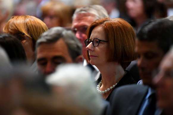 Former Prime Minister Julia Gillard was among the hundreds who turned out to John Cain's state memorial service. 