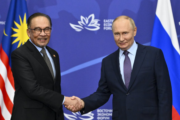 Malaysia’s Prime Minister Anwar Ibrahim (left) meets Russia’s Vladimir Putin in Moscow on Wednesday.